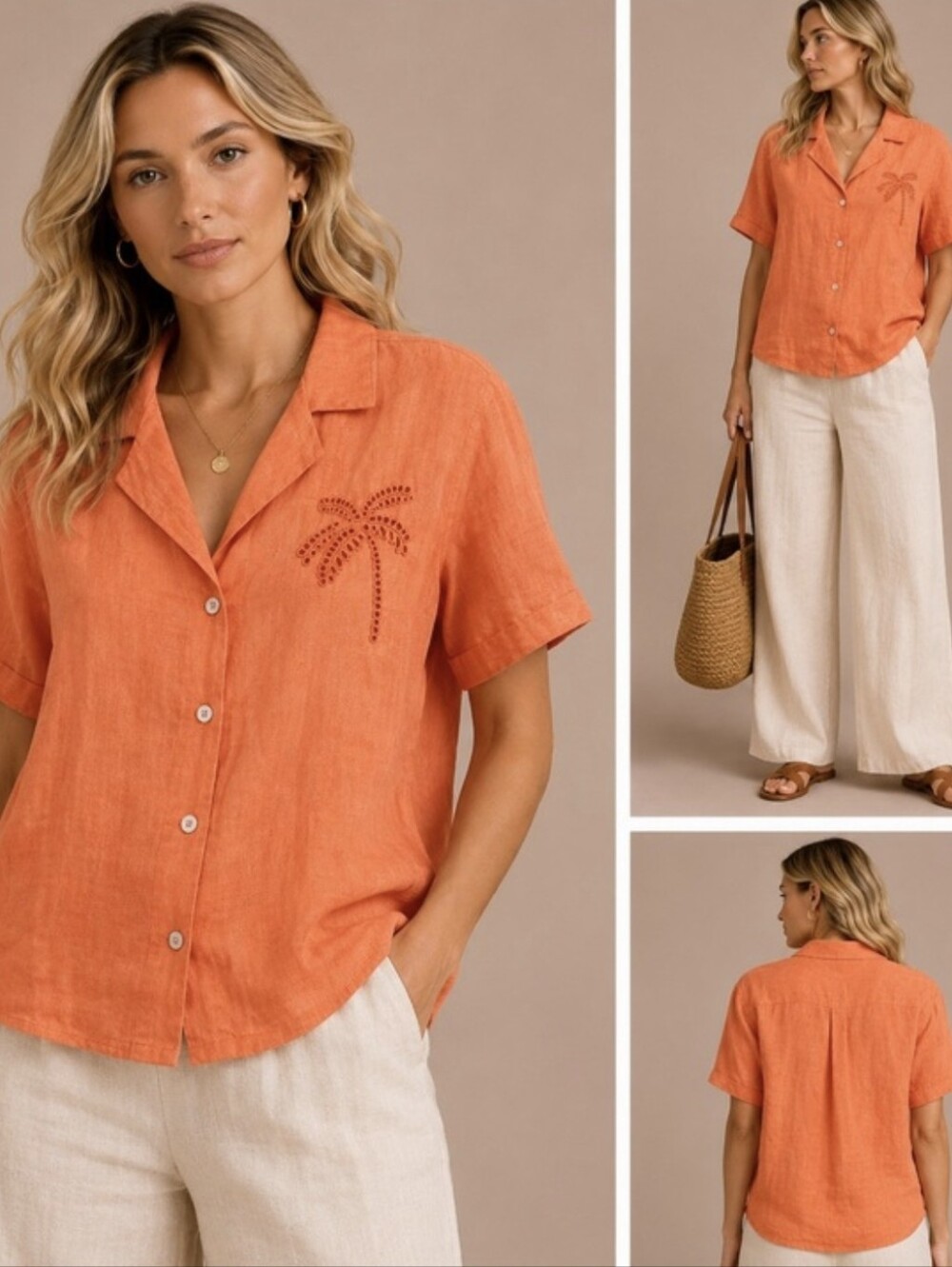 Calypso St. Barth Linen Short-Sleeve Button Shirt Womens L Orange Minimalist